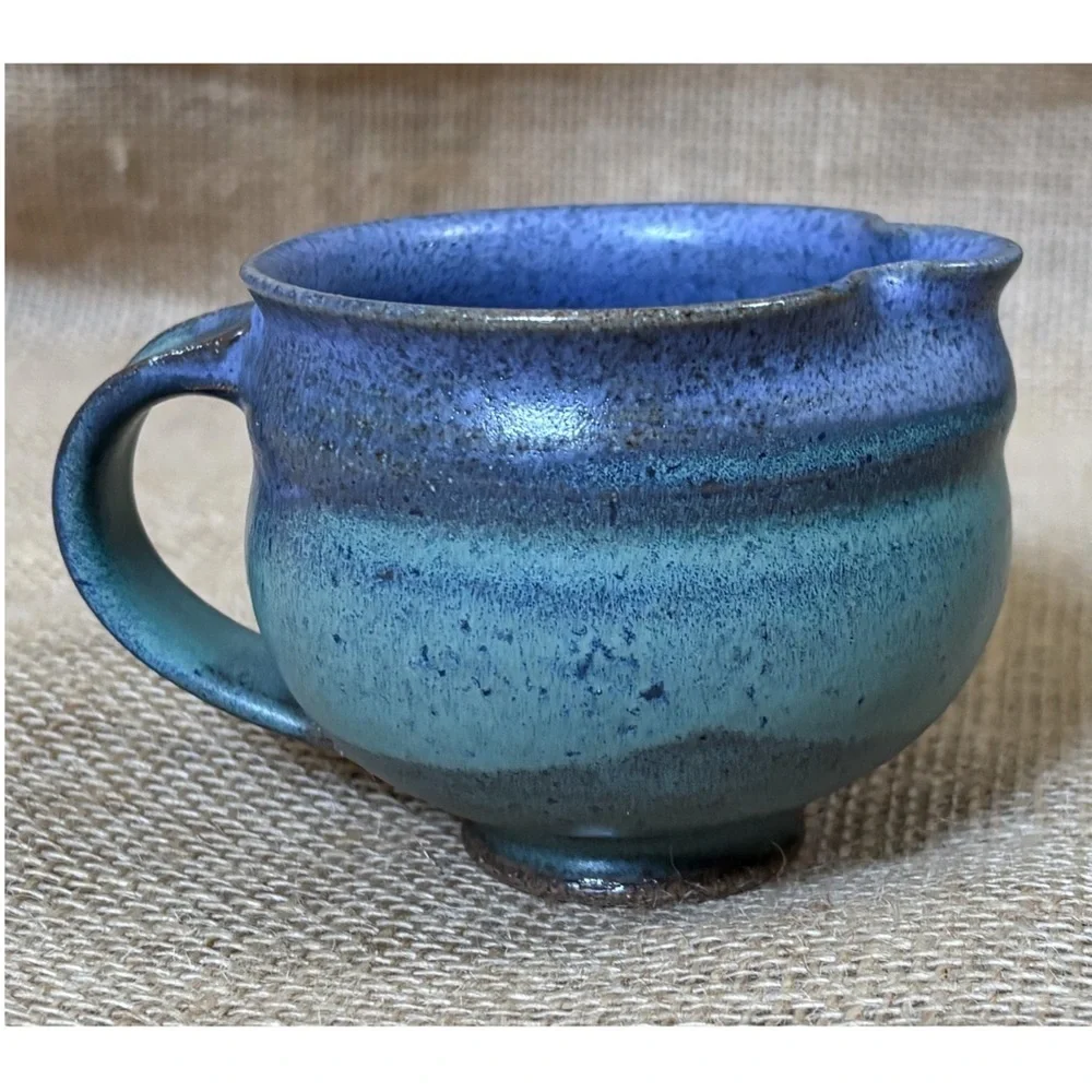Signed Blue Green Art Pottery Creamer Bolbous Coastal Grandma Fairy Core Boho